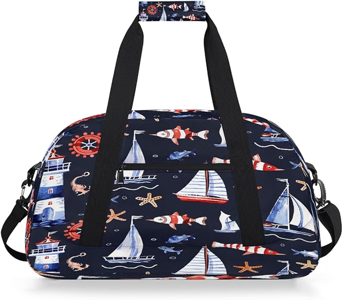 Gym Bag for Women Men, Blue White Nautical Sailboat Lighthouse Travel Duffle Bags for Dance Ballet Overnight, Carry-On Weekender Bag with Detachable Shoulder Strap
