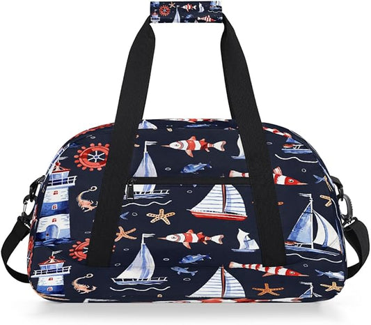 Gym Bag for Women Men, Blue White Nautical Sailboat Lighthouse Travel Duffle Bags for Dance Ballet Overnight, Carry-On Weekender Bag with Detachable Shoulder Strap