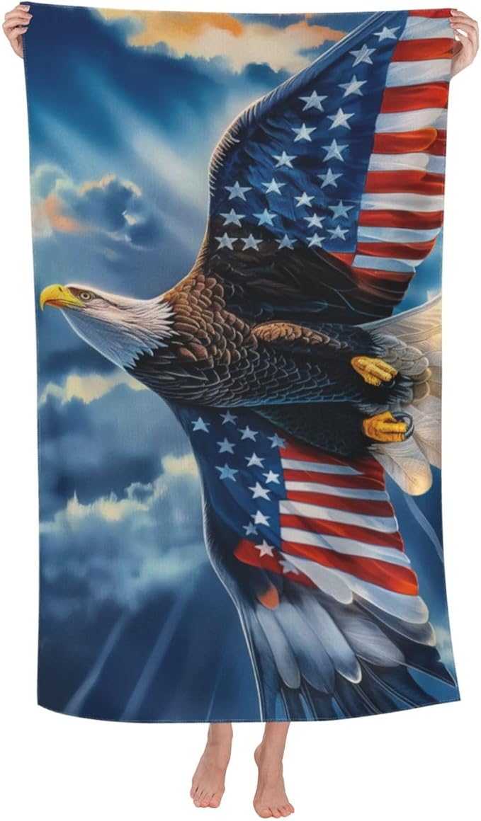 Microfiber Beach Towel, American Flag Eagle Beach Towels 32x52in,Quick Dry, Sand Free, Ultra Soft & Oversized Towel for Travel, Bathroom, Swimming - Ideal for Pool, Camping, Yoga, or Gift Decor