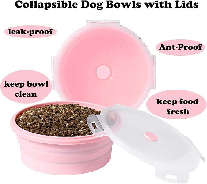 Collapsible Dog Bowls with Lids, 2 Pack Portable Travel Dog Bowls for Small Medium Large Dogs, Silicone Foldable Outdoor Dog Cat Food Water Bowls for Camping Hiking Road Trip, Pink 17 oz