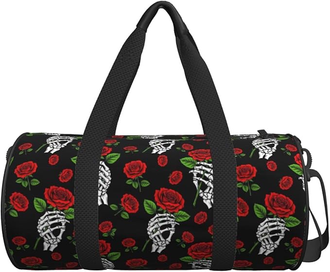 Small Yoga Bag Foldable for Women Mini Gym Duffle Bag Gothic Skull Skeleton Hand Holding Red Rose for Travel Sports Workout