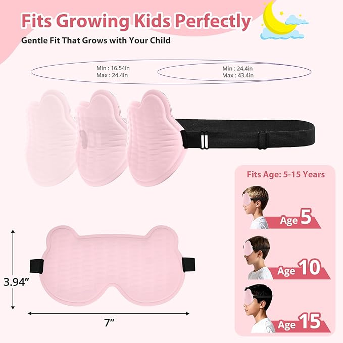 Kids Sleep Mask, 3D Sleeping Eye Mask for Kids with Adjustable Elastic Strap, Bear Shape Eye Cover with Memory Foam, Soft & Light-Blocking, Gift for Boys Girls Teens Age 5–15 (Light Pink)