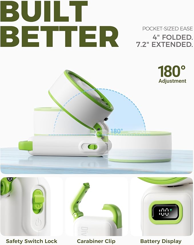Diveblues Portable Turbo Fan, 7.4m/s High Speed Handheld Fan, 180° Foldable 4-in-1 Personal Neck Fan with Carabiner Clip, 100 Speed Stepless Control, USB-C Rechargeable for Travel, Makeup Hot Flashes