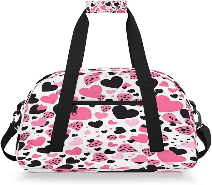 Pink And Black Leopard Print Hearts Sports Duffel Bags, Water-Resistant Gym Duffle Bag for Men Women, Lightweight Weekender Overnight Bag for Fitness, Workout, Travel