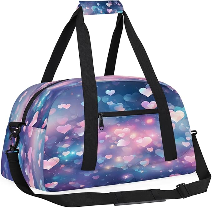 Pastel Heart Glitter Sports Duffel Bags, Water-Resistant Gym Duffle Bag for Men Women, Lightweight Weekender Overnight Bag for Fitness, Workout, Travel