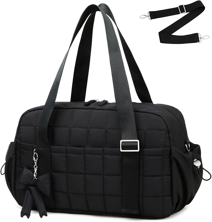 CAMTOP Mini Gym Bag for Women, Small Gym Tote Bag Puffy Quilted Sports Duffel Bag with Wet Compartment and Coin Purse Duffel Bags Dance Yoga Workout Bag for Gifts (Black, Medium-16")