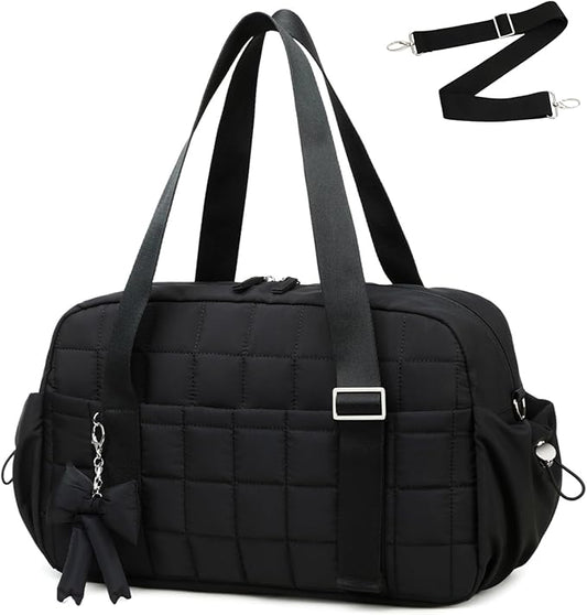 CAMTOP Mini Gym Bag for Women, Small Gym Tote Bag Puffy Quilted Sports Duffel Bag with Wet Compartment and Coin Purse Duffel Bags Dance Yoga Workout Bag for Gifts (Black, Medium-16")