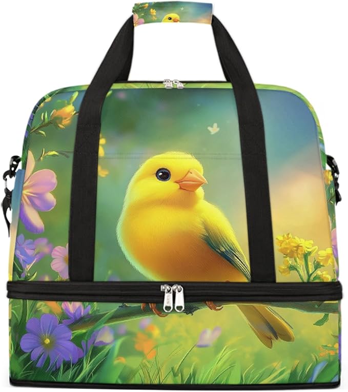 Yellow Birds Floral Sports Duffel Bag Lightweight Gym Bag with Shoe Compartment Waterproof Travel Weekender Bag for Women and Men