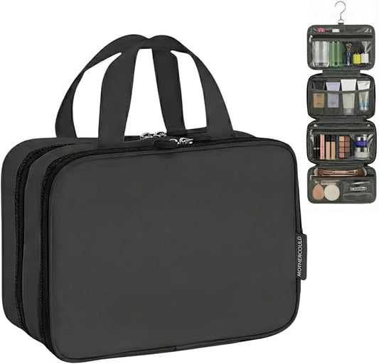 Travel Toiletry Bag for Men & Women, Large Capacity Makeup Organizer & Cosmetic Bag, Water-Resistant Portable Essentials Case with Metal Hook & Carry Handle - Perfect for Travel Use (Black, Small)