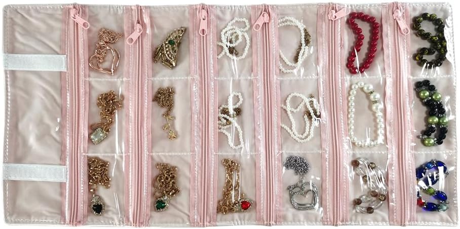 Travel Jewelry Roll Bag Portable Organizer Pouch With Grids&PVC Cover Storage Bags for Necklace, Bracelet, Bracelet,Ring, Badge, Pendant