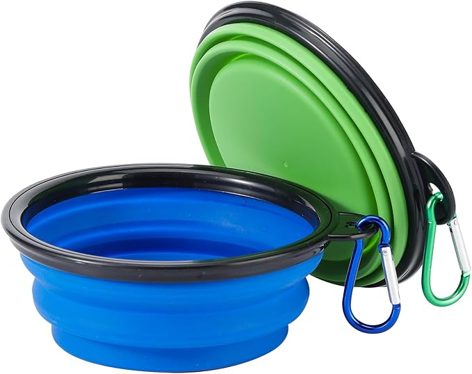 Collapsible Dog Bowls, 2 Pack Travel Dog Bowls, Portable Pet Feeding Water Dish for Pet Walking Parking Traveling with 2 Carabiners (Small, Blue+Green)