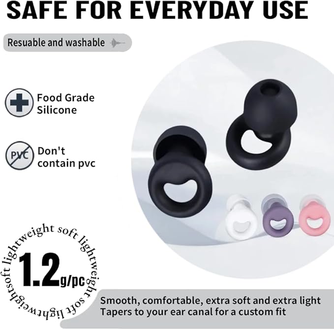 Ultra Soft Earplugs for Sleeping, 30dB Concert Ear Plugs, Ear Protection for Adult & Kid, Noise Cancelling for Rave, Snoring, Lawn Mowing, Travel, Work, Resuable Silicone (6 Ear tips with Case, Black)