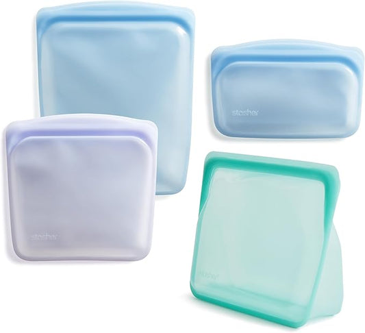 Stasher Silicone Reusable Storage Bags, 4-Pack, Reusable Freezer Bags, Microwave, Dishwasher, Oven Safe, Sous Vide, Premium Lunch Containers, Eco Friendly, Food Storage Bags, Snack Bags, Multicolor | Reusable Food Bag
