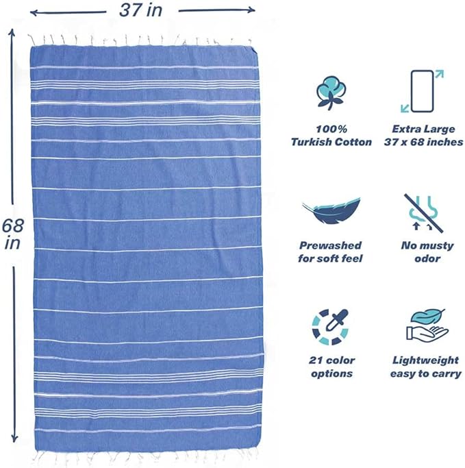Hencely Turkish Beach Towel 37x68 Oversized, Sand-Free, Quick-Dry, Lightweight - Travel Essential for Pool & Bath - Striped 100% Cotton Bathroom Towels Accessories Gift (Blue)
