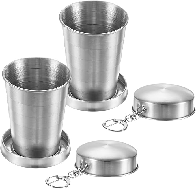 2 Pack Stainless Steel Collapsible Travel Cup, 2.4oz(70ml) Reusable Collapsible Metal Cup Portable Foldable Water Bottle with Lid and Keychain for Travel/Camping/Hiking