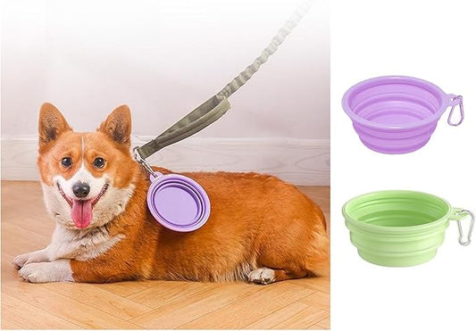 2-Pack Collapsible Dog Bowls with Carabiners | Portable Dog Bowl for Travel & Outdoor | BPA-Free Silicone Foldable Bowls for Dogs Cats (Purple,Green)