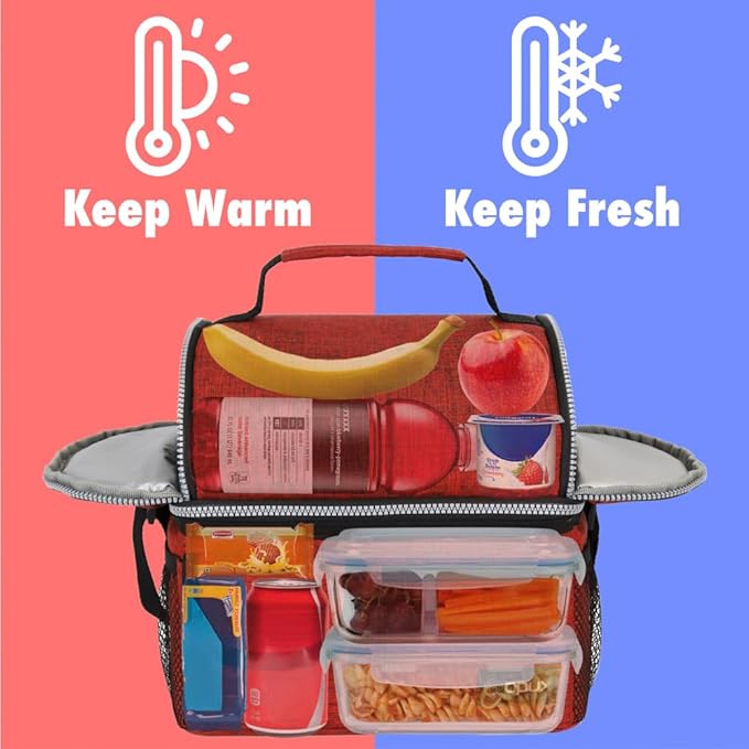 opux Lunch Bag Women Insulated, Adult Lunch Box Cooler, Lunch Box for Men, Dual Compartment Lunchbox for Work, Leakproof Double Decker Lunch Bag, Soft Lunch Pail Tote Girls Boys Kids School, Red