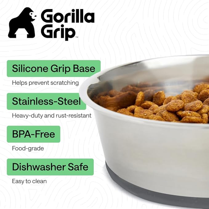 GORILLA GRIP Dog Bowls, Heavy Duty 304 Stainless Steel, Holds 8 Cups Each (64 fl oz) Food and Water Bowl for Feeding Dogs and Cats, Dishwasher Safe, Rust Resistant, BPA Free Rubber Base Set of 2 Gray