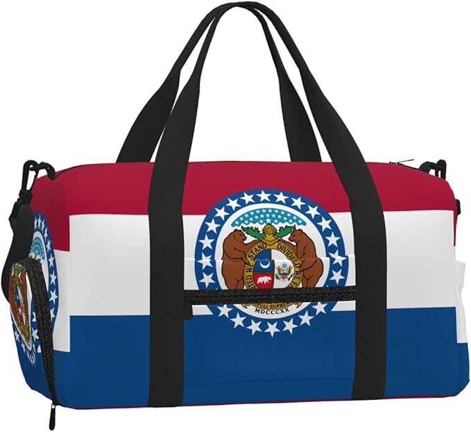Missouri State Flag Print Gym Bag with Shoe Compartment for Women Men, 17.7in Sports Duffle Weekender Tote, Overnight Travel Duffel Bag Carry On
