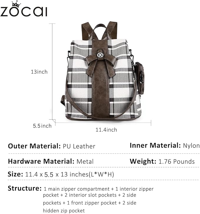 ZOCAI Backpack Purse for Women Fashion Backpack Purses PU Leather Daypacks Anti-Theft Shoulder Bag Satchel Purse
