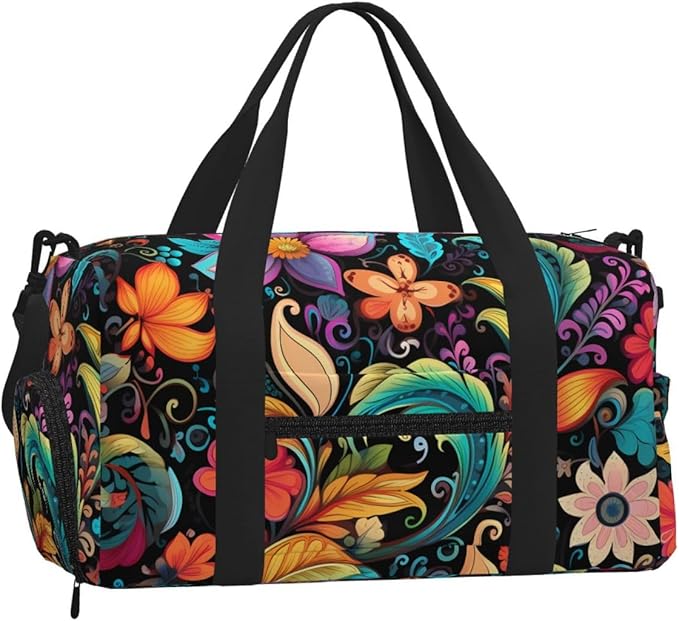 Sports Gym Bag Colorful Paisley Flower Floral Patten Travel Duffel Bag With Shoe Compartment Shoulder Strap, Lightweight Water-Resistant Weekend Overnight Totes For Women Men