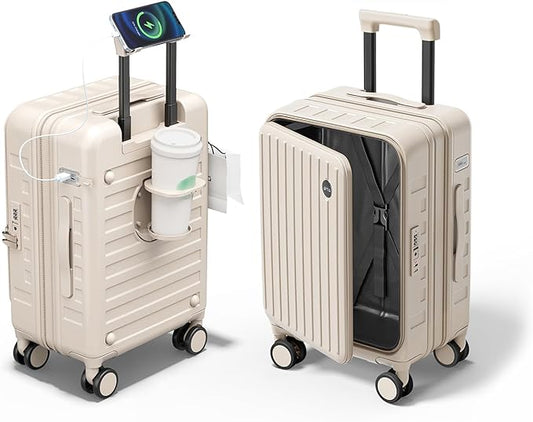 Expandable Lightweight PC Hard Shell Suitcase, 24-inch Luggage with TSA Lock, Top Opening & Cup Holder - Ideal for Business Travel Suitcase (Beige, Checked-Medium 24-Inch)