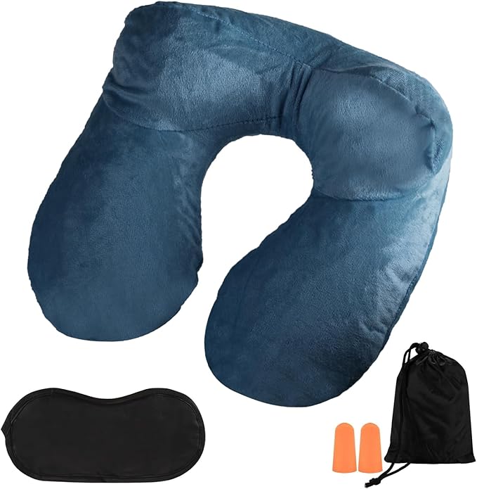 Air-Filled Travel Pillows for Sleeping Airplane Neck Support for Traveling Pillow Inflatable Travel Neck Pillows for Air-Filled Neck Pillow Airplane, with Eye Masks, Earplugs