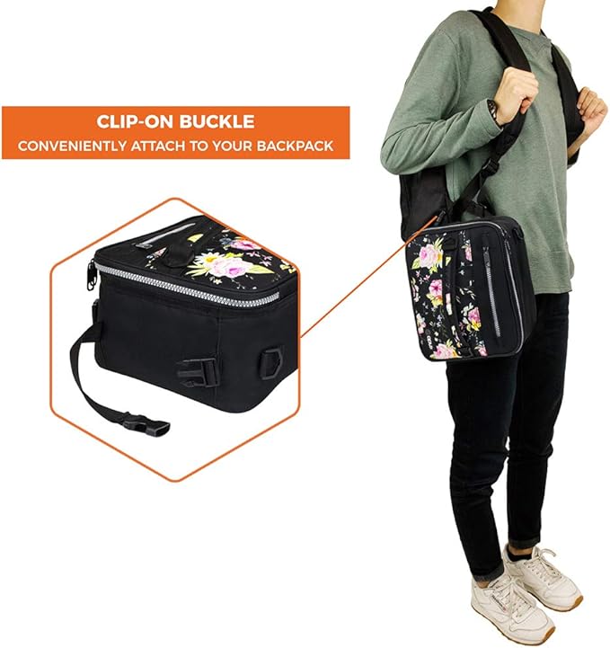 opux Premium Insulated Lunch Box for Men, Women | School Lunch Bag for Girls Kids | Compact Adult Lunch Pail Work Office Cooler | Soft, Leakproof, 4 Ways to Carry | Fits 12 Cans (Black Floral)