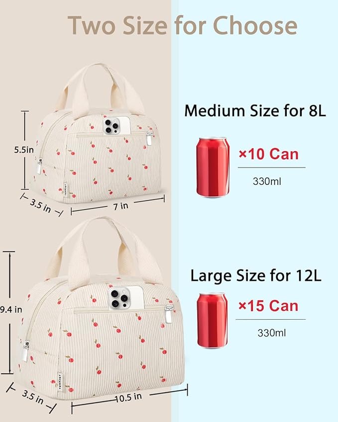 Cute Lunch Box Tote Bag - Corduroy Insulated Cooler Bags for Women - Lightweight Reusable Portable Soft Lunch Pail Kit for Kids Teen Girl Adults Work School Picnic Travel Cherry 12L