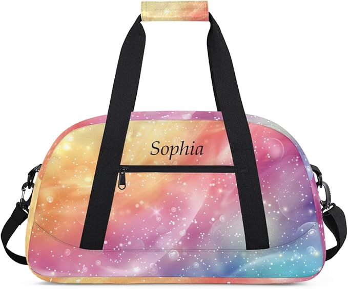 Custom Name Glitter Rainbow Girls Gym Travel Duffle Bag with Front Zipper Pocket Personalized Sports Bag for Overnight, Weekender, Carry On,Workout & Dance, 18.9 * 8.7 * 10.6 in
