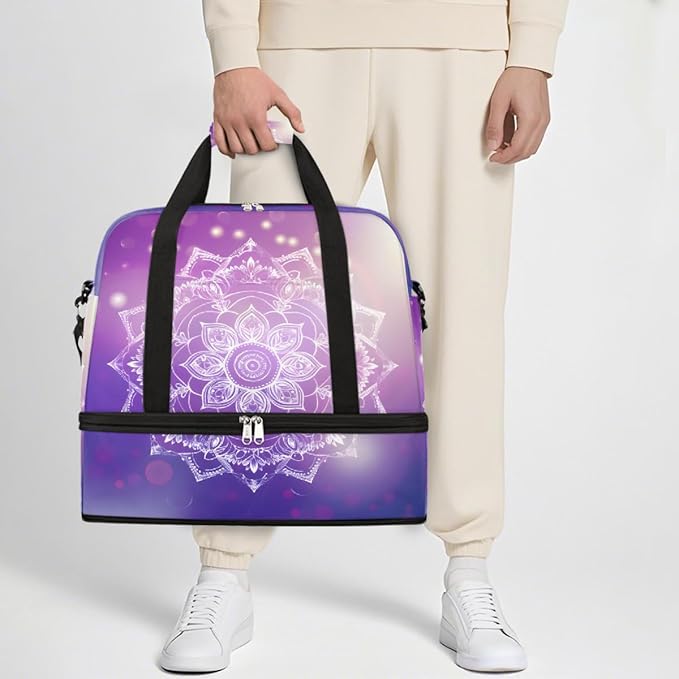 Purple Mandala Flower Abstract Large Weekender Bag with Shoe Compartment Travel Duffel Bags for Women Carry On Hospital Overnight Bag Foldable Personal Item Travel Bags Tote Gym Sports Airplanes
