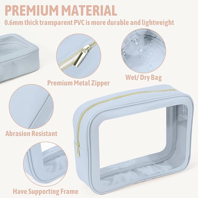 3PCS Clear Toiletry Bag,TSA Approved Travel Makeup Pouch with Zipper for Cosmetics and Toiletries，Diaper Bag Organizer Pouch Set，Women's Purse Organizer and Clear Car Bag