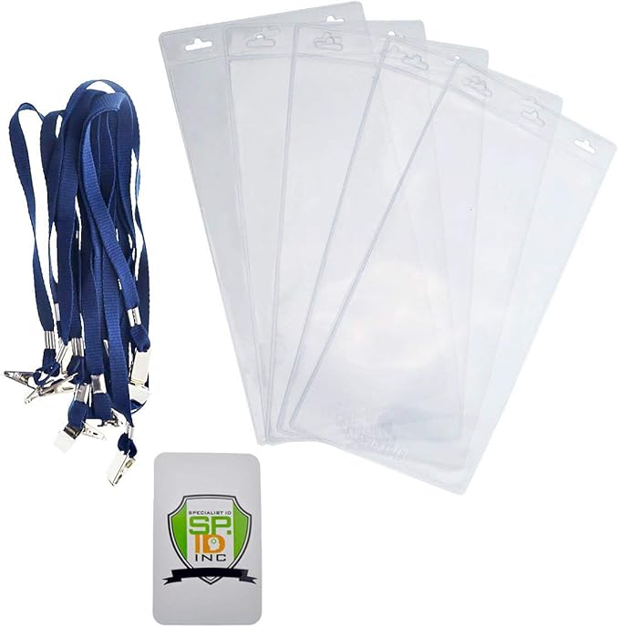 5 Pack - Extra Large 4 x 8 Inch Ticket & Event Credential Badge Holders with No Twist Double Sided Lanyards with Two Bulldog Clips, by Specialist ID (Navy Blue/Dark Blue)