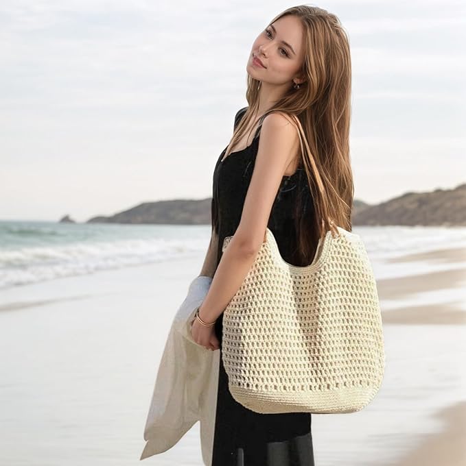 Crochet Beach Bag for Women - Summer Mesh Beach Tote Bag Boho Woven Purse Shoulder Handbags for Vacation Travel