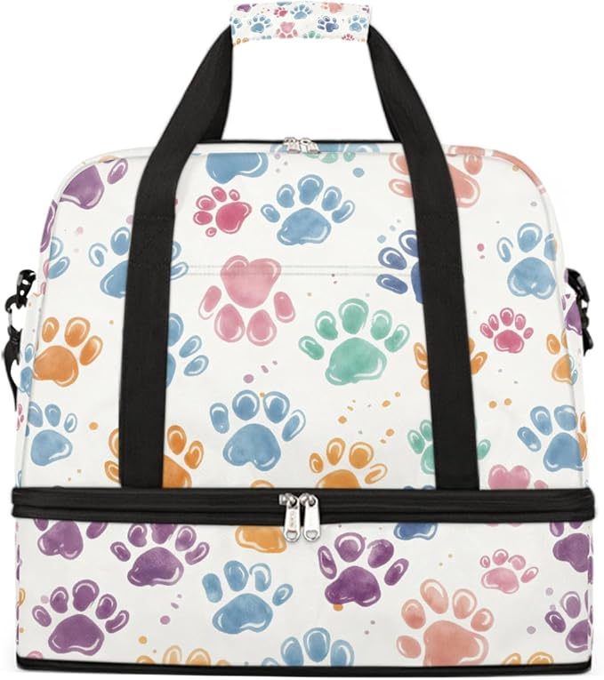 Foldable Travel Duffel Bag for Women - Carry on Personal Item Bag with Shoes Compartment, Weekender Overnight Duffle Bags Sport Tote Gym Luggage for Airplanes Traveling(Dog Paws)