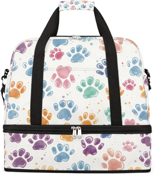 Foldable Travel Duffel Bag for Women - Carry on Personal Item Bag with Shoes Compartment, Weekender Overnight Duffle Bags Sport Tote Gym Luggage for Airplanes Traveling(Dog Paws)