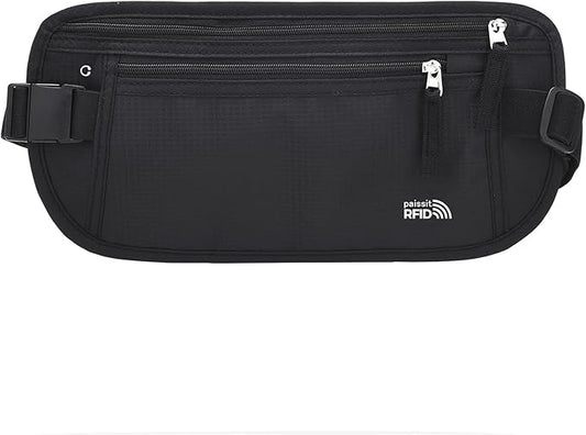 Unisex Money Belt, Slim Passport Holder RFID Blocking Travel Essentials Pouch with Adjustable Strap Small Waist Pouch for Workout Running Travelling Hiking, Black
