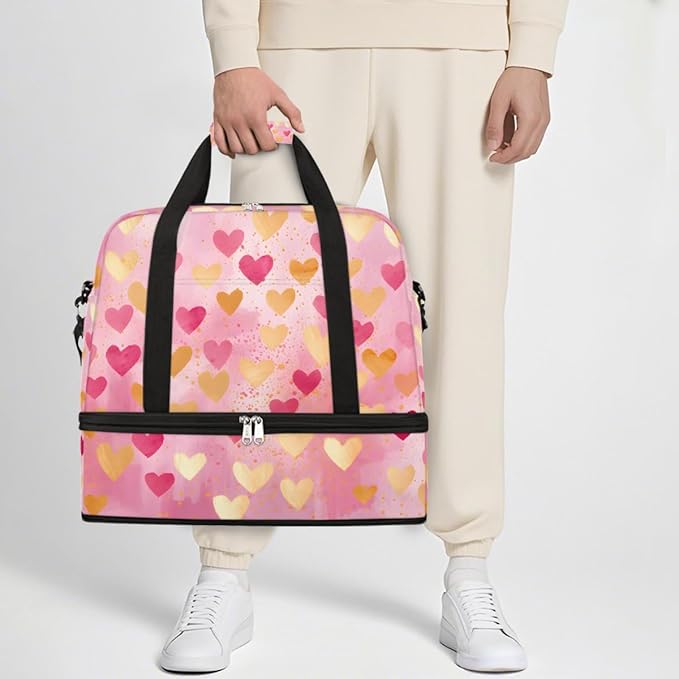 Pink Gold Heart Large Weekender Bag with Shoe Compartment Travel Duffel Bags for Women Carry On Hospital Overnight Bag Foldable Personal Item Travel Bags Tote Gym Sports Airplanes
