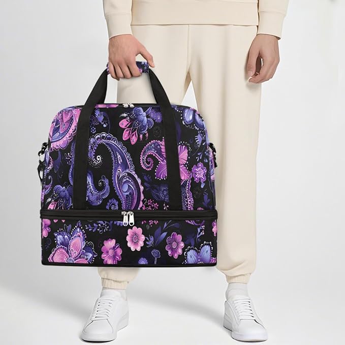 Purple Pink Abstract Paisley Large Weekender Bag with Shoe Compartment Travel Duffel Bags for Women Carry On Hospital Overnight Bag Foldable Personal Item Travel Bags Tote Gym Sports Airplanes