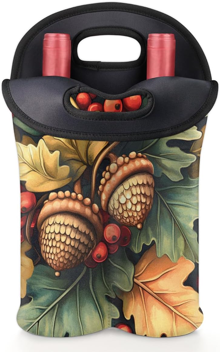 Neoprene Wine Tote, Bottle Carrier Gag Insulating Neoprene Thicker, Insulated Wine Bag for Travel Holds Two Bottles, Bottle Carrier Bags Protect the Bottles, Pinecones
