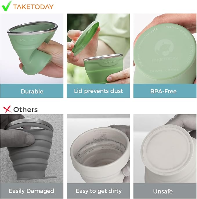TakeToday Collapsible Travel Cup 8 oz - Silicone Foldable Water Cup, BPA-Free with Lid & Waterproof Bag - Drinking Cup Set for Office, Camping & International Travel（Green）