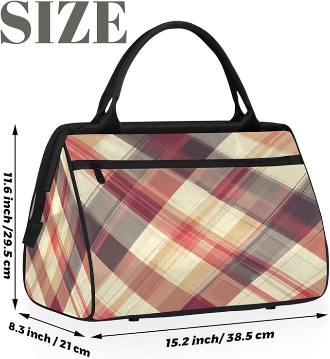 Multipurpose Duffle Bag, Waterproof Carry On Bag with Spacious Design, Plaid Checkred Brown Gym Bags, 15.2x8.3x11.6in