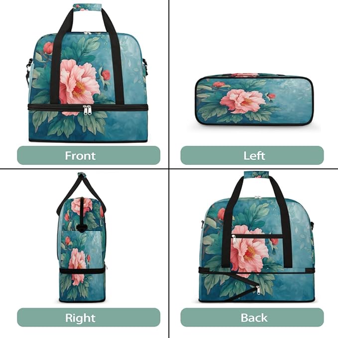 Pink Flowers Green Leaves Large Weekender Bag with Shoe Compartment Travel Duffel Bags for Women Carry On Hospital Overnight Bag Foldable Personal Item Travel Bags Tote Gym Sports Airplanes