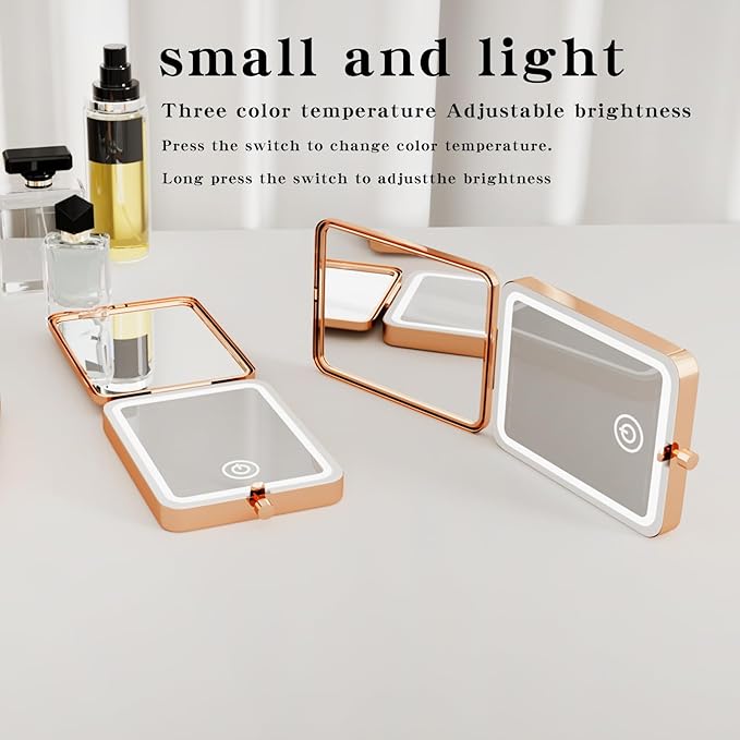 Rose Gold Rechargeable LED Pocket Mirror, 3 Color Dimmable Light 1x/3x Magnifying Compact Travel Makeup Mirror, Portable Folding Handheld Lighted Purse Mirror for Women Christmas Stocking Stuffer Gift