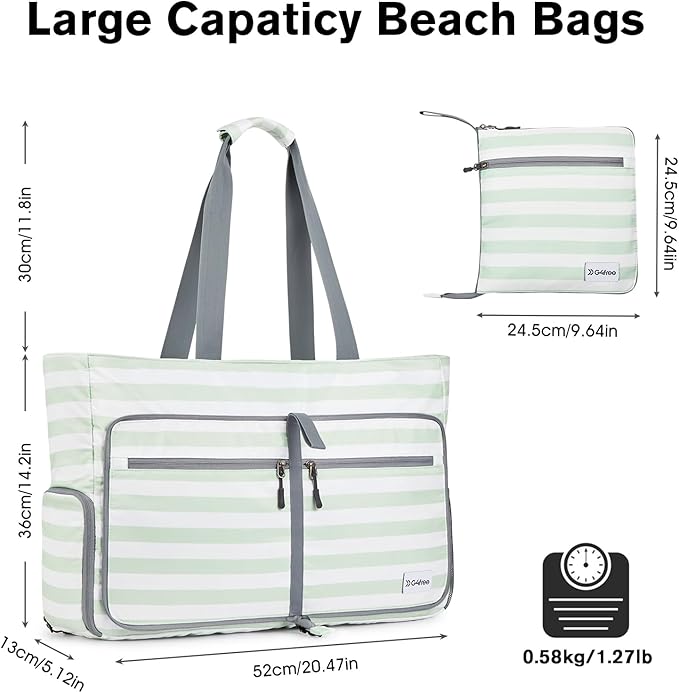 G4Free Large Beach Bag, Foldable Tote with Zipper, Waterproof Sandproof Pool Bag