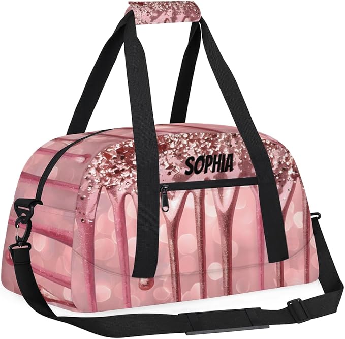 Custom Gym Bags for Girls with Name, Personalized Sports Dance Bag for Kids, Overnight Weekender Duffel Bags Workout Training, Travel Practice Gymnastics Bag，Pink Glitter Fluid