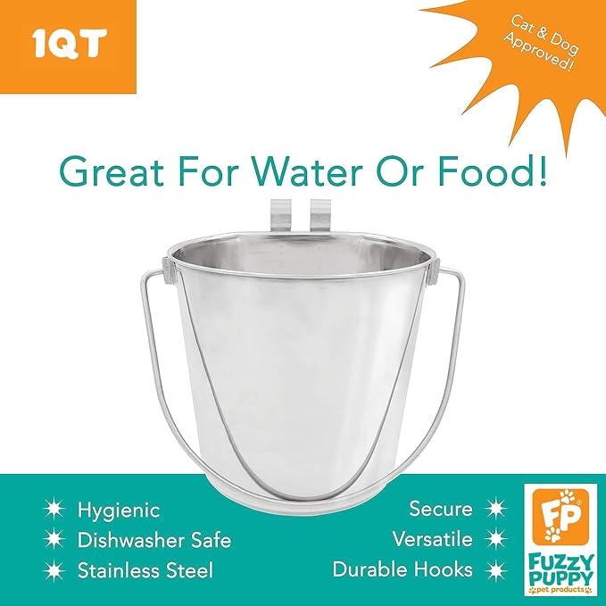 Fuzzy Puppy Flat Sided Pail with Dual Hooks, Snugly Fit On Dog, Cat and Critter Crates & Cages, Heavy Duty Stainless Steel | 1 Quart, (PN: FSP-1)