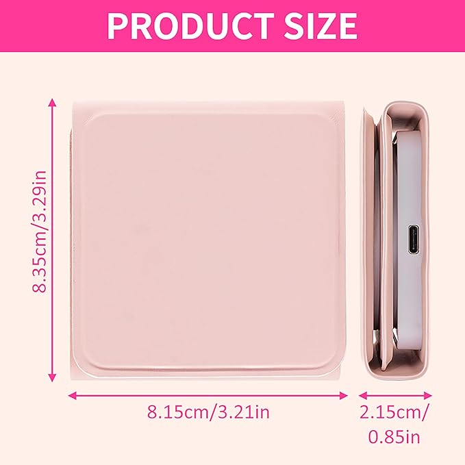 Rechargeable Trifold Makeup Mirror with Lights, 1X 5X 10X Magnification, Portable LED Lighted Compact Mirror with 3 Magnetic Zoom Mirrors for Travel & Vanity (Pink)