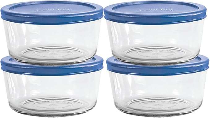 Anchor Hocking SnugFitTM Round Food Storage Containers with Lids (4-Piece, 7-cup, Blueberry, oven-safe)