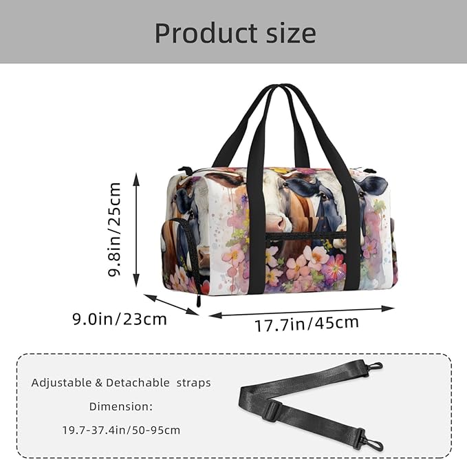 Sports Gym Bag Watercolor Floral Cows Painted Farm Animal Travel Duffel Bag With Shoe Compartment Shoulder Strap, Lightweight Water-Resistant Weekend Overnight Totes For Women Men